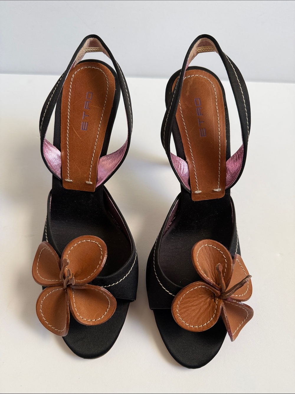 Etro Black Satin Slingback with Large Brown Leather Flower Accent & Wood Heels